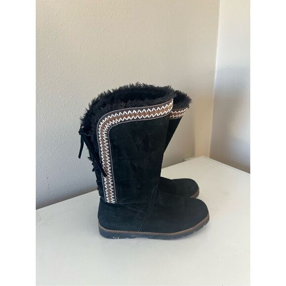 Lamo Womens 7 Madelyn Black Suede Faux Fur Mid Calf Winter Pull On Waterproof - Picture 1 of 7